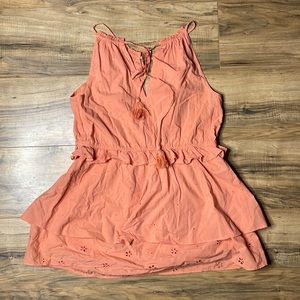 Luxe Essential Denim Pink Split Neck Split Sleeveless Ruffle Waist Tiered Dress